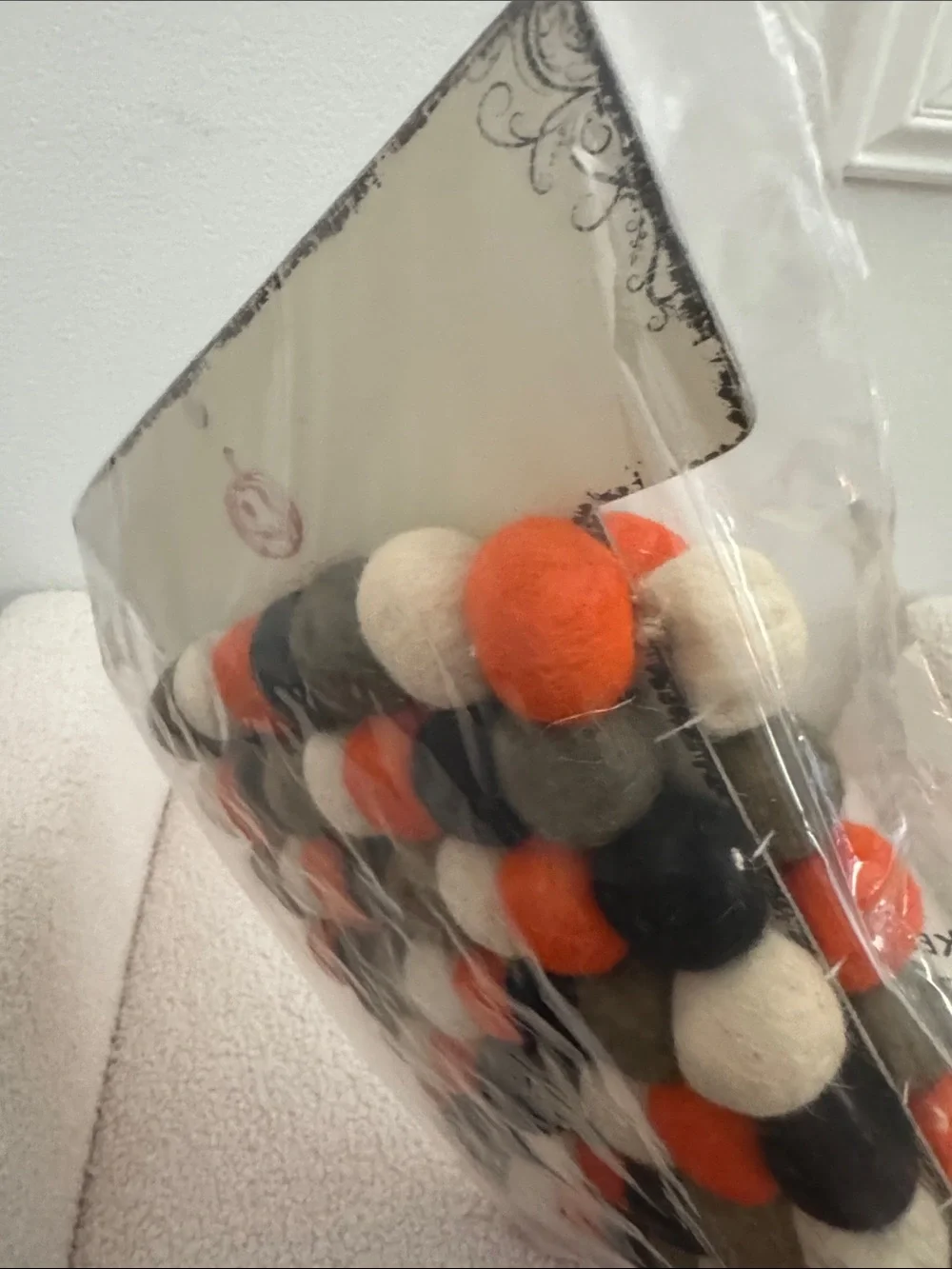 Halloween Felt Ball Garland in Orange, Black, Cream, grey 12 FT